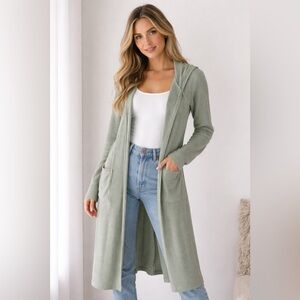 Bluenotes Sage Green Ribbed Longline HoodCardigan Duster Size Large Cozy Lounge